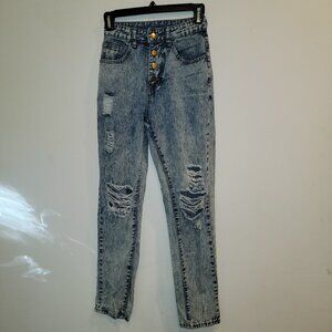 Shein Acid Washed Distressed, Ripped Light Blue Jeans, Women's Size XS